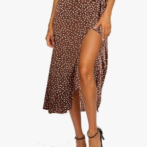 Brown Polka Dot Midi Skirt with Slit